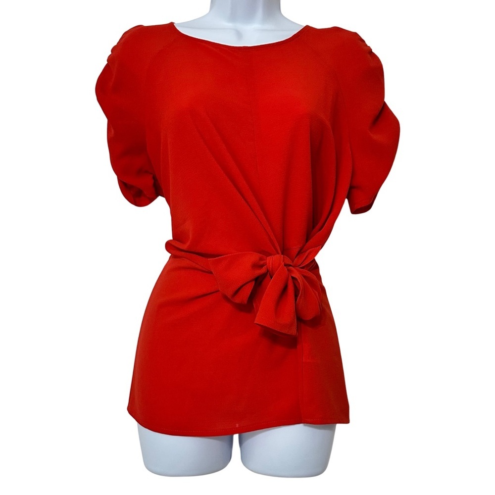 Halogen Deep Orange Cinched Short Sleeve Tie Waist Blouse Women’s Sz Medium Top